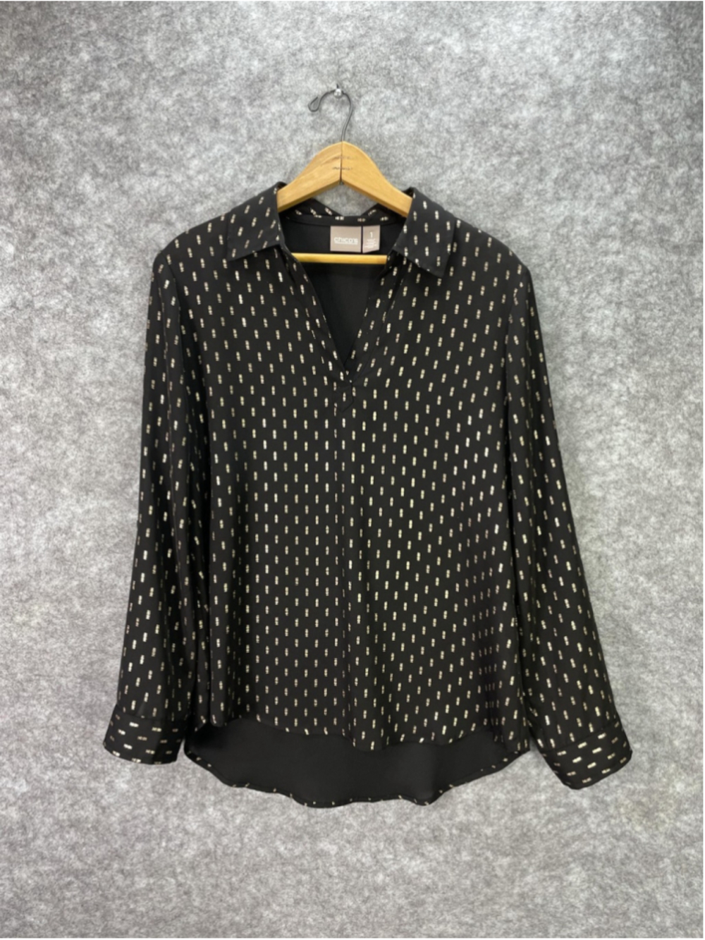 Chicos Blouse Womens Medium 1 Black Geometric Collared Long Sleeve Top Pullover